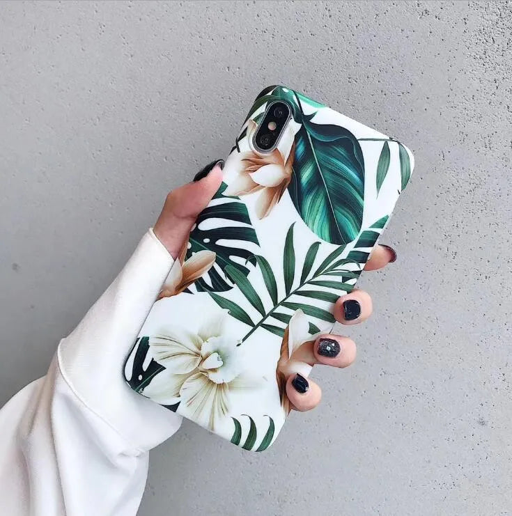 Retro soft floral TPU phone case with flower and banana leaf art for iPhone XR and XS Max