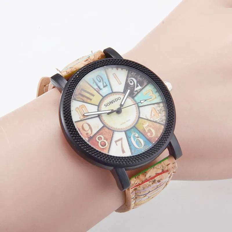 Casual vintage leather women's quartz wrist watch with 37mm round dial and stainless steel buckle