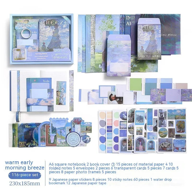 Retro style creative journal gift box with A6 notebook, decorative papers, envelopes, cards, and artistic accessories