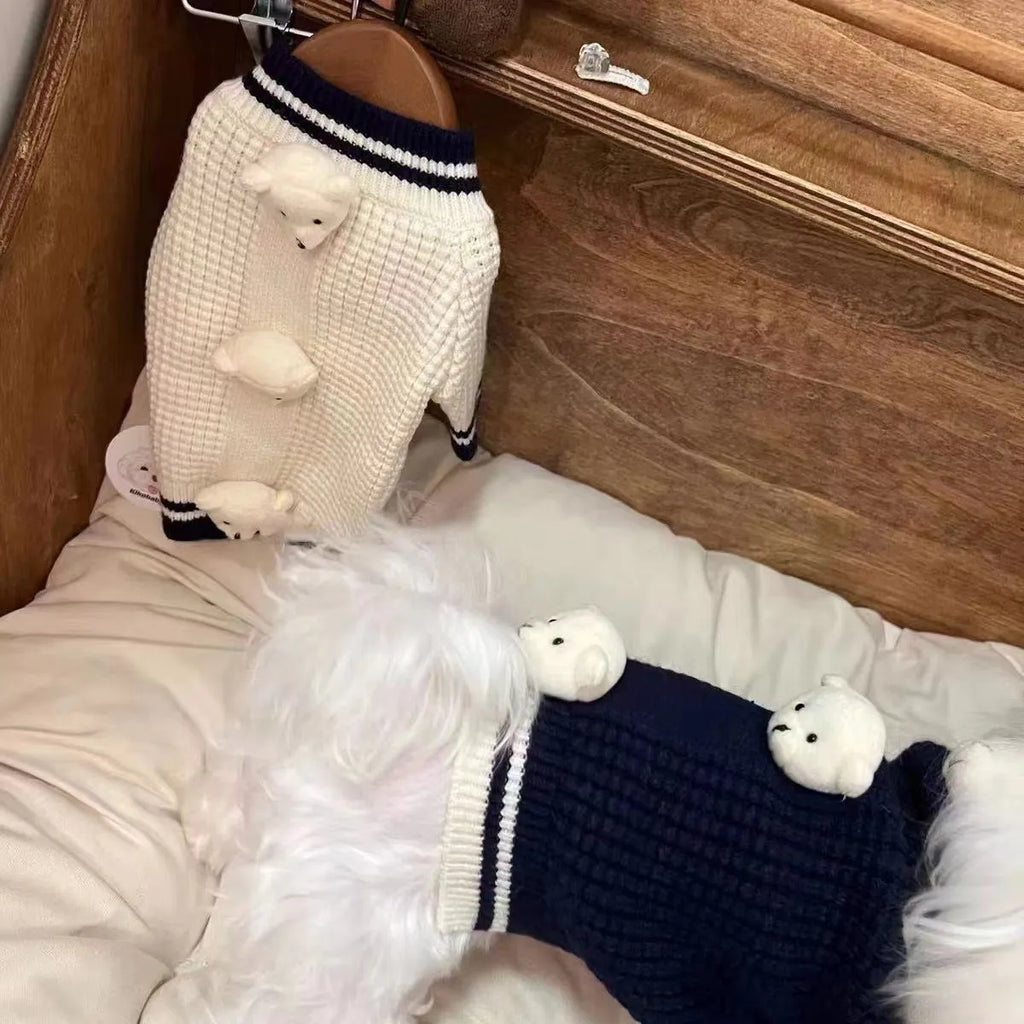 Pet cat spring sweater in navy blue polyester knit on a small cat, size M, side view