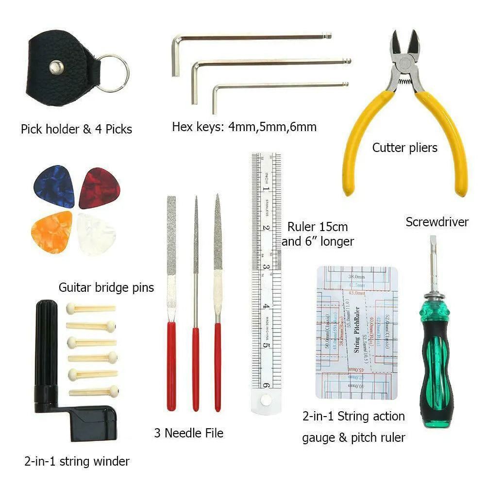Black plastic guitar repair tool kit case open showing metal maintenance tools for guitar bass mandolin banjo