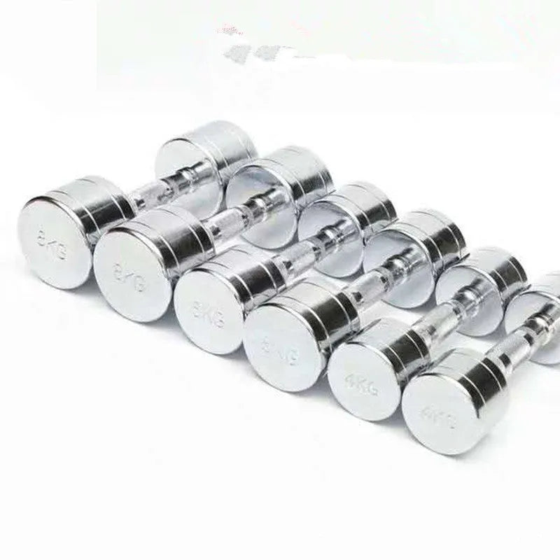 Silver pure steel electroplated dumbbell with ergonomic handle showing weight options