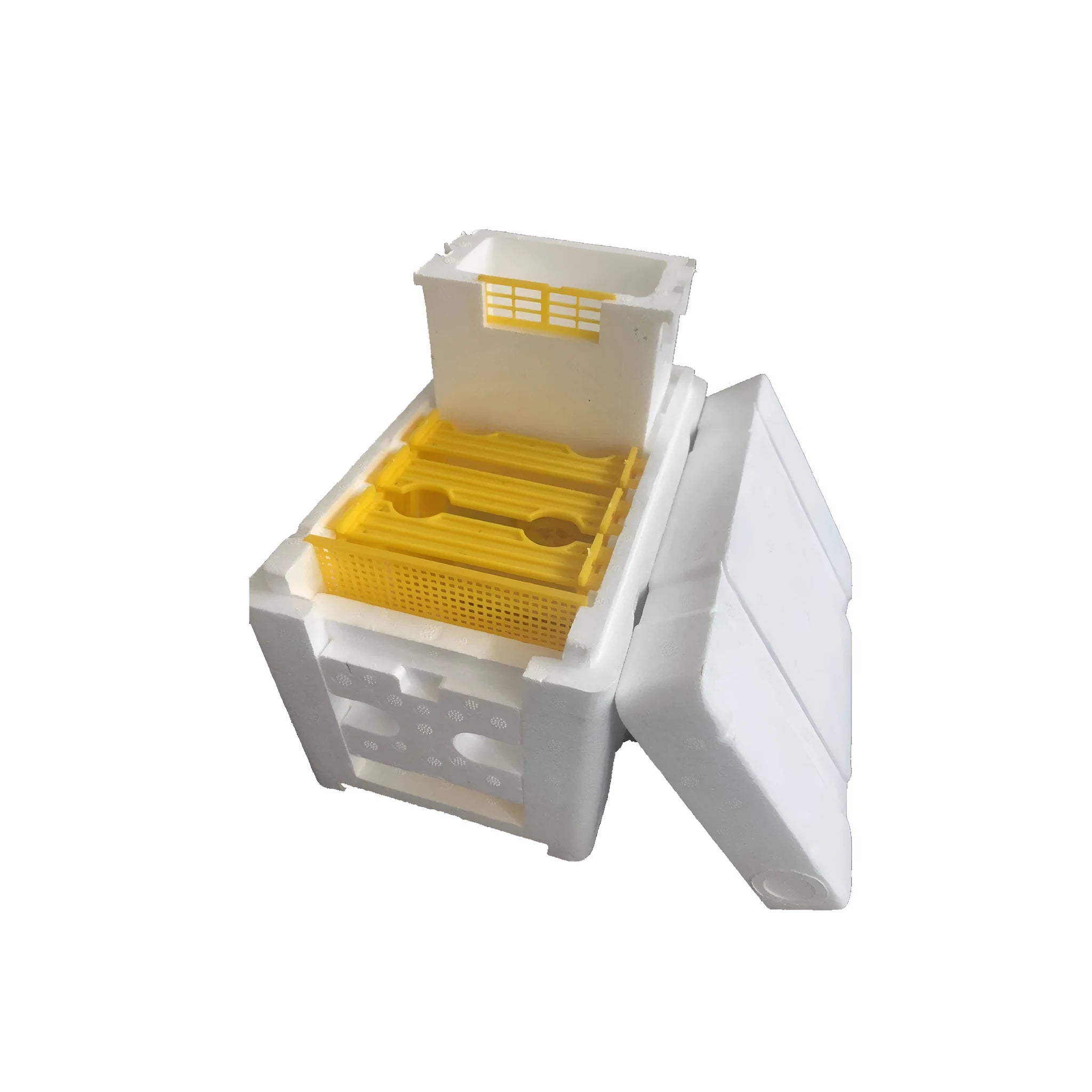 Three white EPS foam bee hive boxes for queen mating and breeding