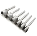 Set of six steel leather punch tools in half round and V shapes, sizes 15mm to 40mm.