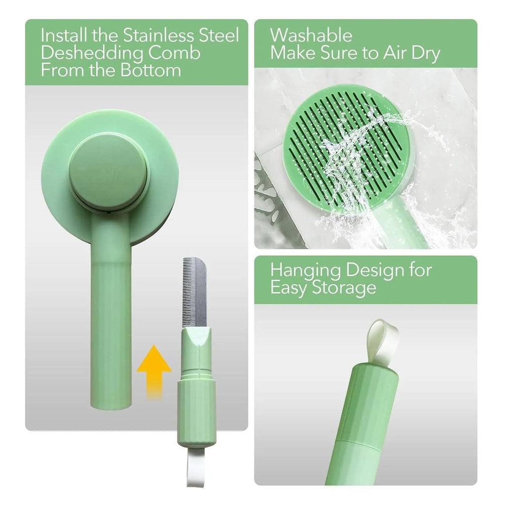 Green and yellow pet grooming brush with stainless steel teeth for cats and dogs