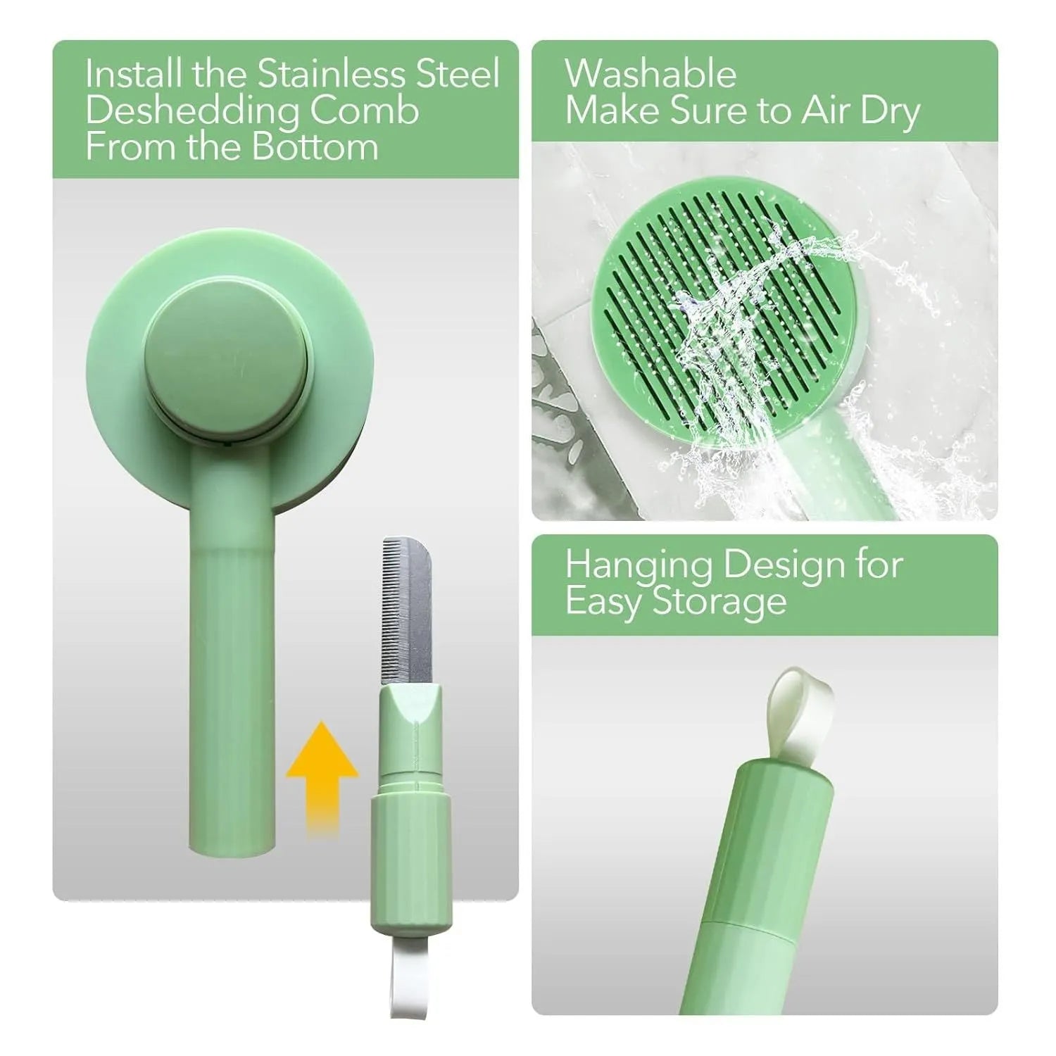 Green and yellow pet grooming brush with stainless steel teeth for cats and dogs