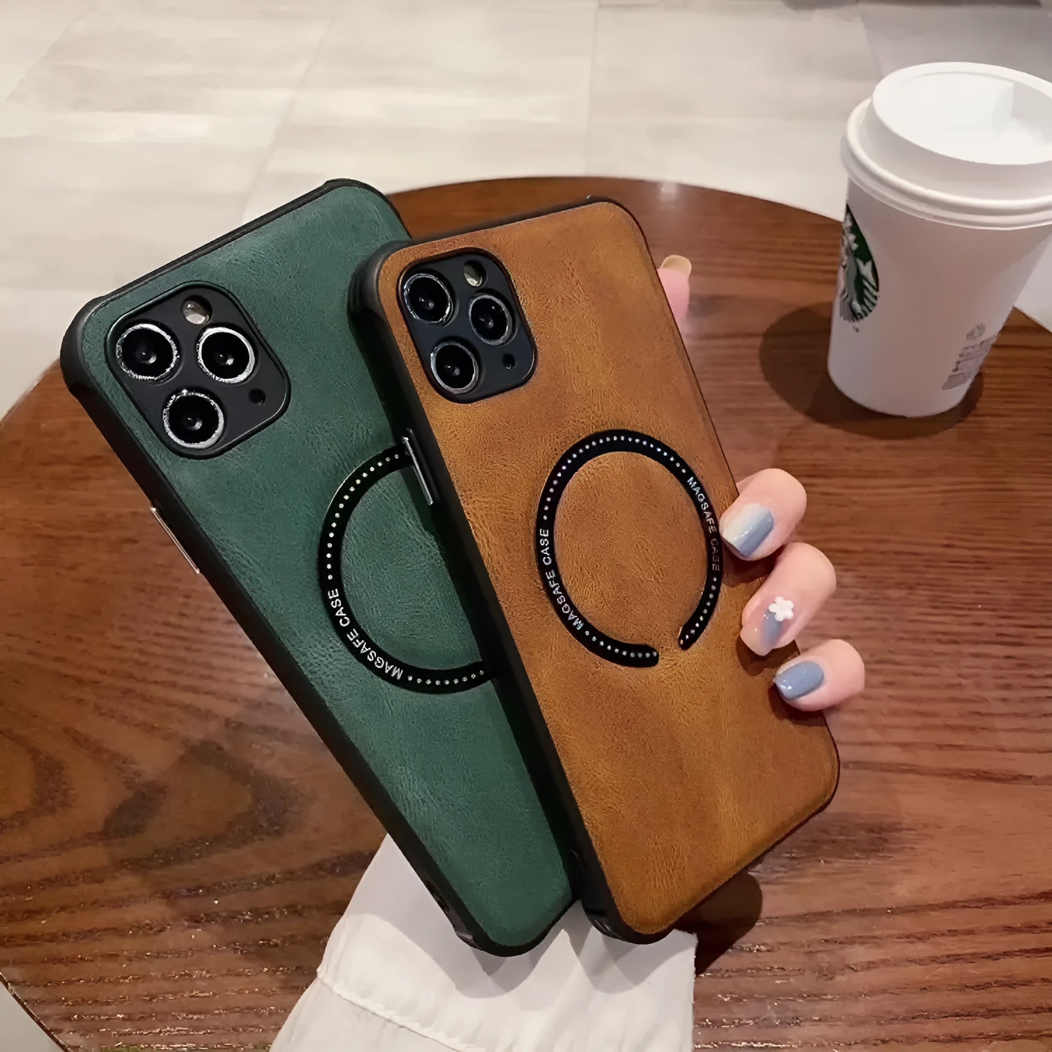 Black imitation leather magnetic charging phone case for iPhone showing back cover with magnetic ring