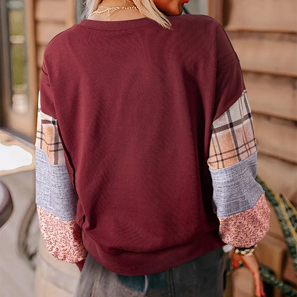 Women's loose fit plaid long sleeve top in apricot colour with regular sleeves