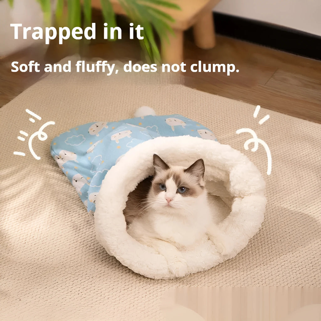 Cat sleeping bag nest with removable flannel cover in blue rabbit design
