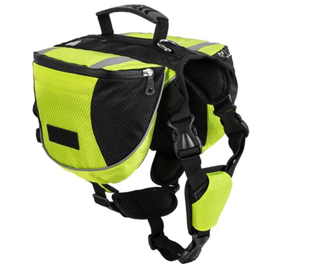 Black dog hiking pack with reflective tape and adjustable neck straps on Siberian Husky outdoors