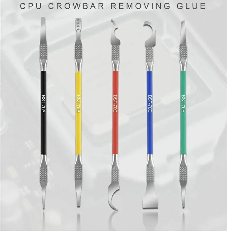 Five piece stainless steel disassembling tool knife set with crowbar blade and thin 0.07mm tips for plastic repair