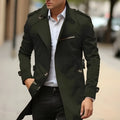 Men's lapel-collar casual jacket in army green cotton with side pockets, shown on a hanger.