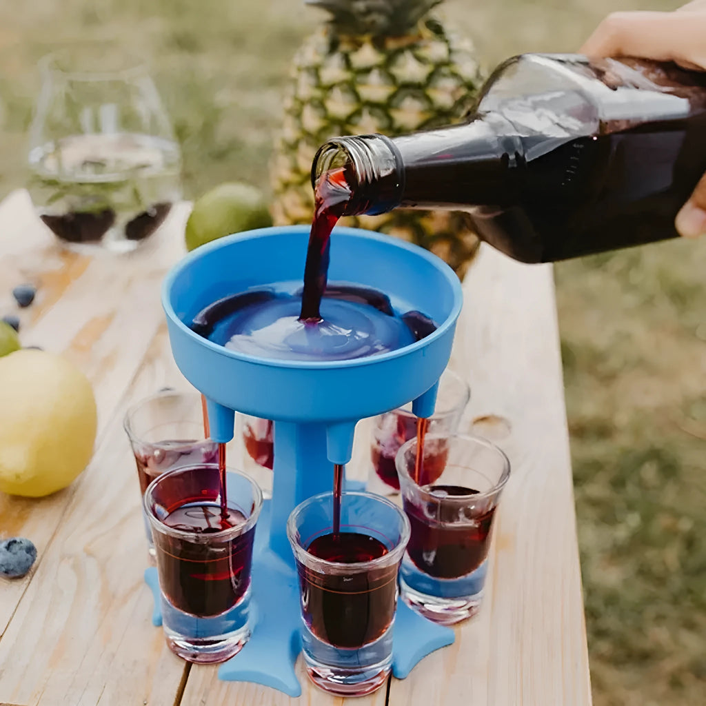 6-port wine dispenser with funnel and six cups in blue, grey, and pink colour options