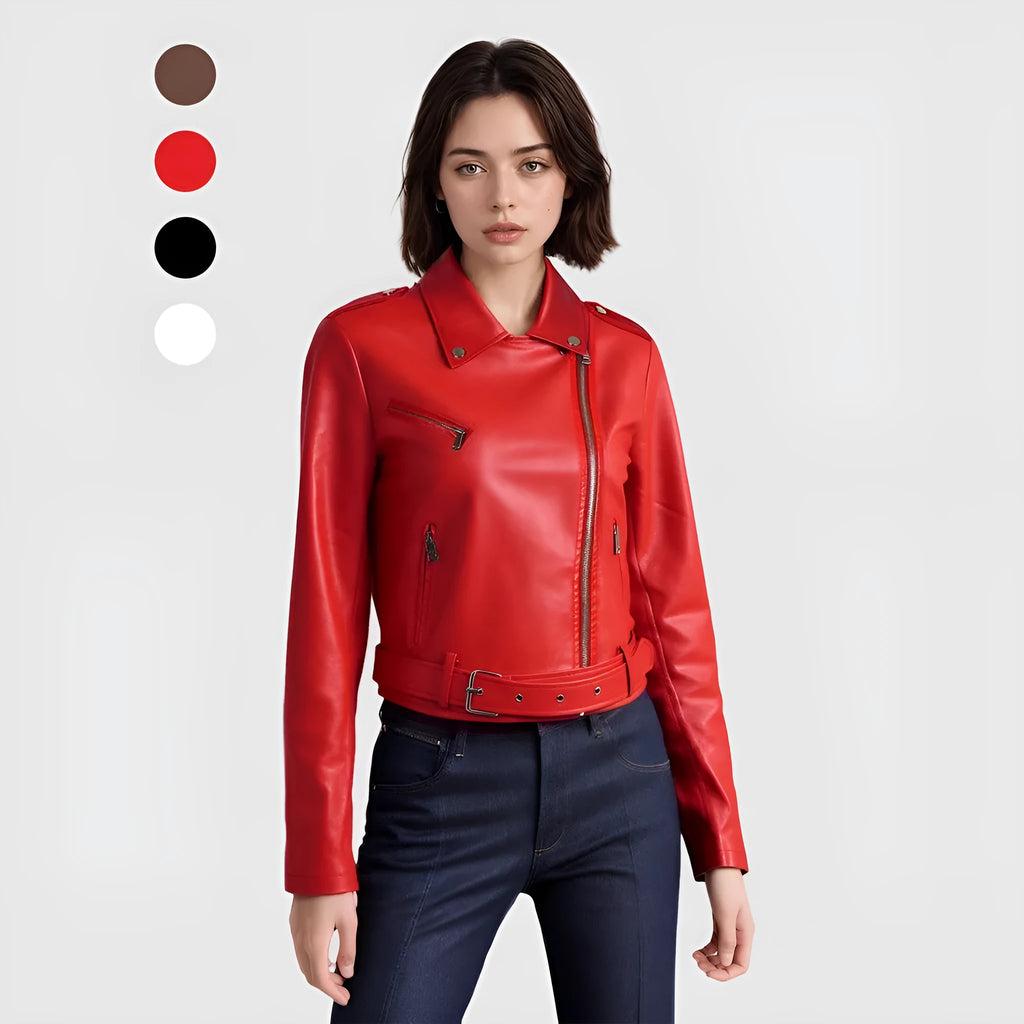 Women's black PU leather motorcycle jacket with lapel collar and waist belt on hanger.
