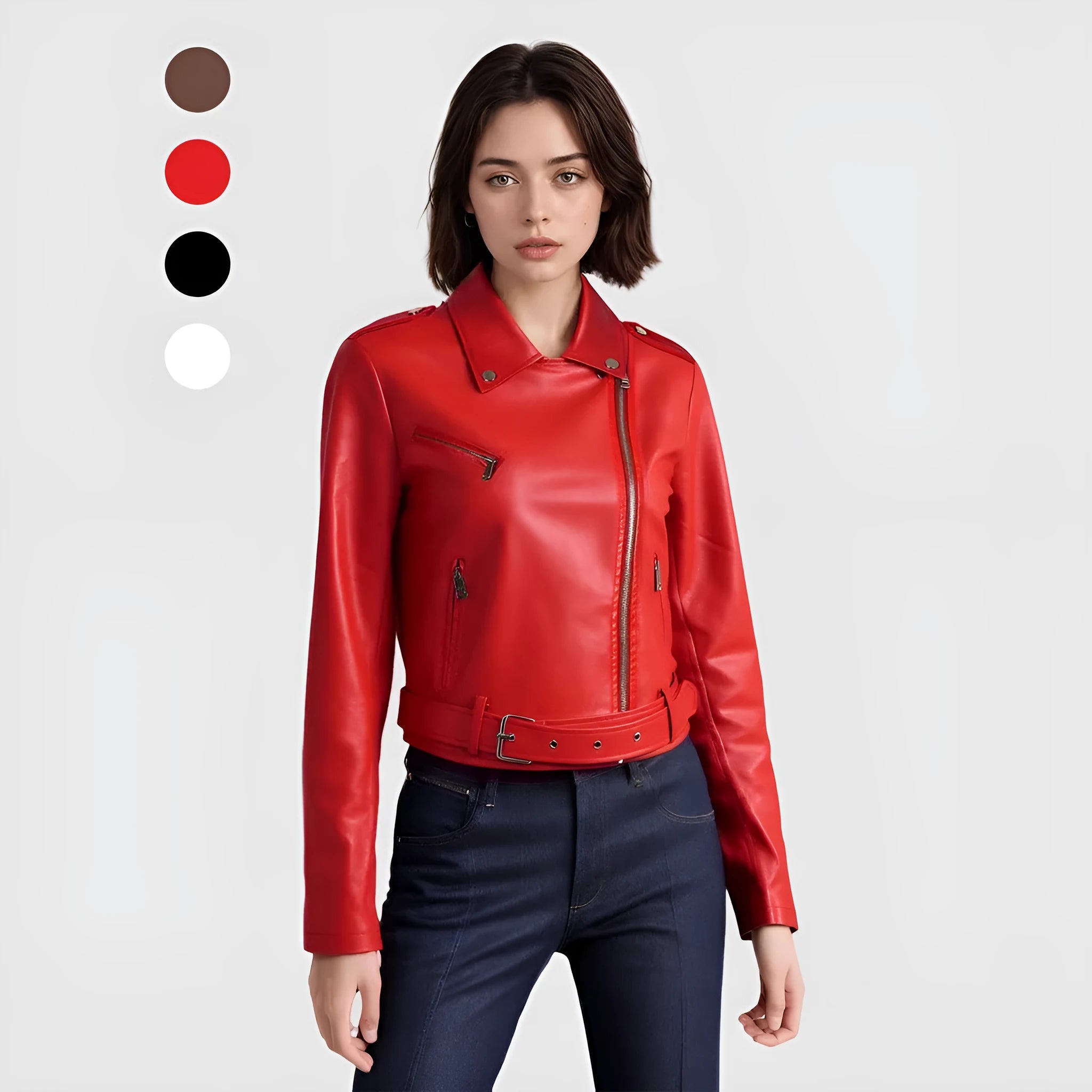 Women's black PU leather motorcycle jacket with lapel collar and waist belt on hanger.