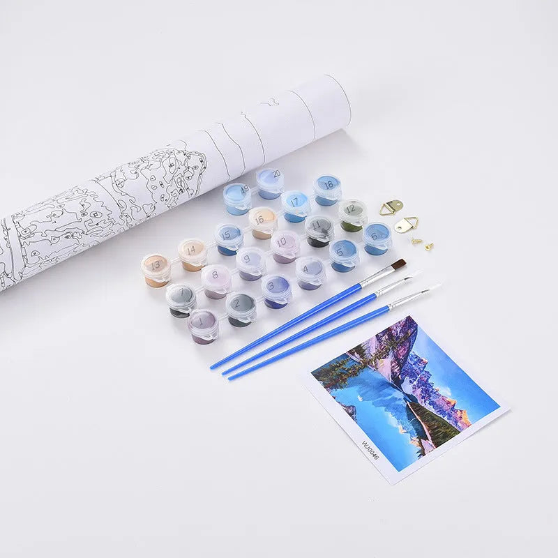 DIY digital oil painting kit sea view villa 40x50cm frameless with blue acrylic paints and brushes