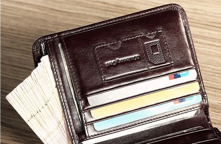 Men's leather wallet showing multiple compartments including card slots and change pocket