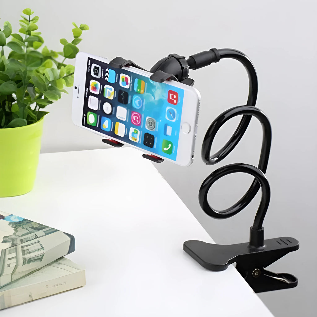 Black portable phone holder with 70cm flexible arm and V-design clip for universal smartphones