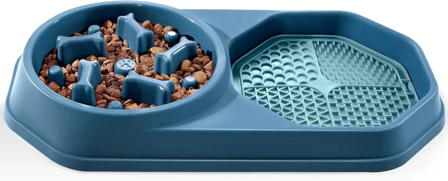 Blue slow feeder dog bowl with puzzle ridges and non-slip base for small medium dogs