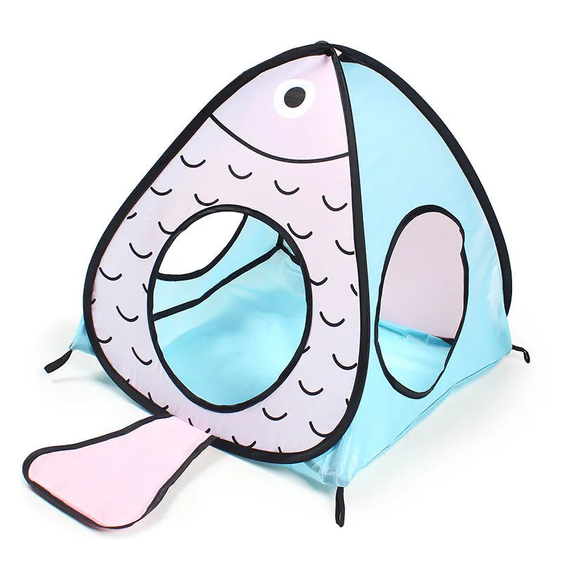Foldable pet tent and cat tunnel three-piece set with cat and fish pattern