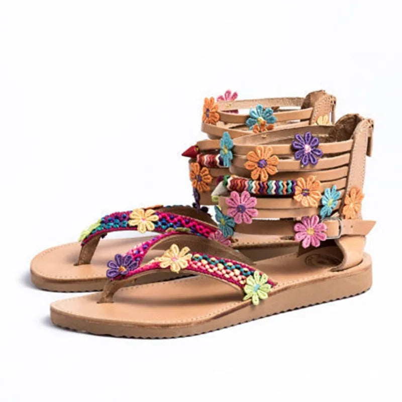 Womens ethnic style Roman sandals with beaded petal floral decoration on artificial PU upper