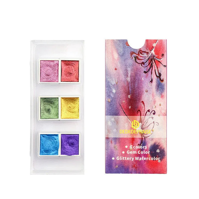 Boxed pearlescent solid watercolor pigment set with 6 or 12 colour blocks in Gem finish, each 17mm x 20mm x 10mm