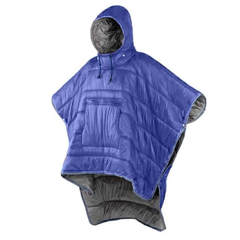 Outdoor cloak sleeping bag shown as wearable cape and flat 200x140cm blanket in army green