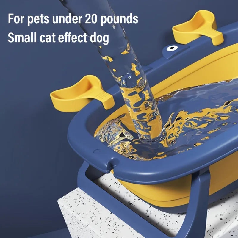 Blue foldable portable pet tub for washing a small dog or cat.