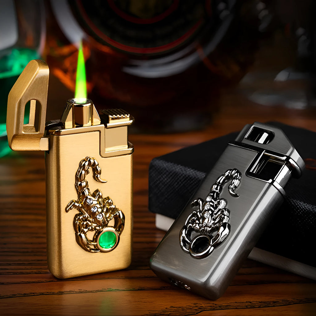 Scorpion chip gas lighter model F284 in gold with metal housing and compact 65mm size
