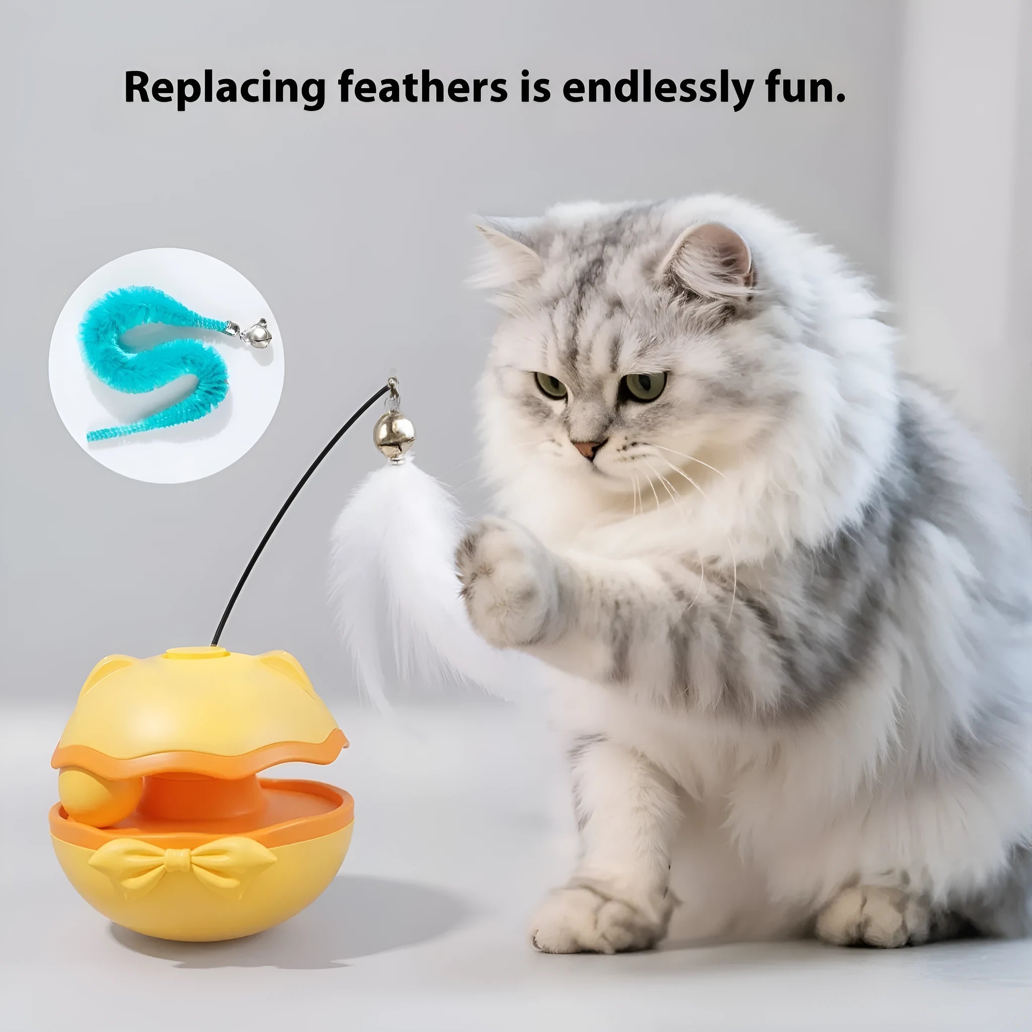 Electric plastic cat toy tumbler with LED lights in lemon yellow, blue, or grey.