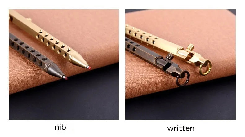 Brass hexagonal bolt pen with 6-angle design showing length and diameter dimensions