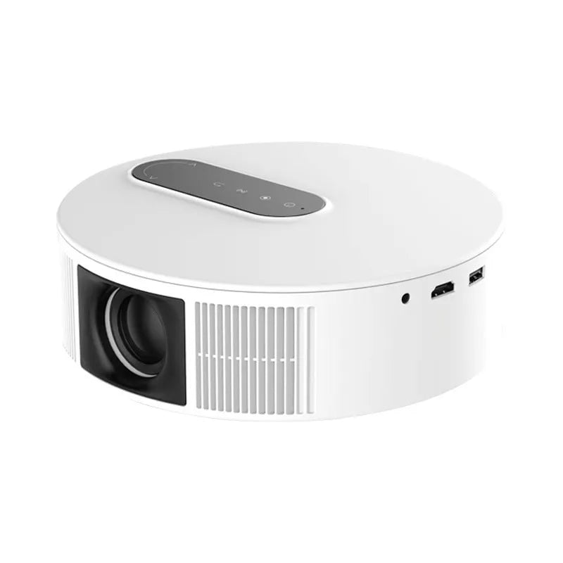 White HD home theatre projector with remote control showing 720p resolution specification