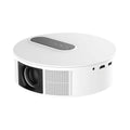 White HD home theatre projector with remote control showing 720p resolution specification