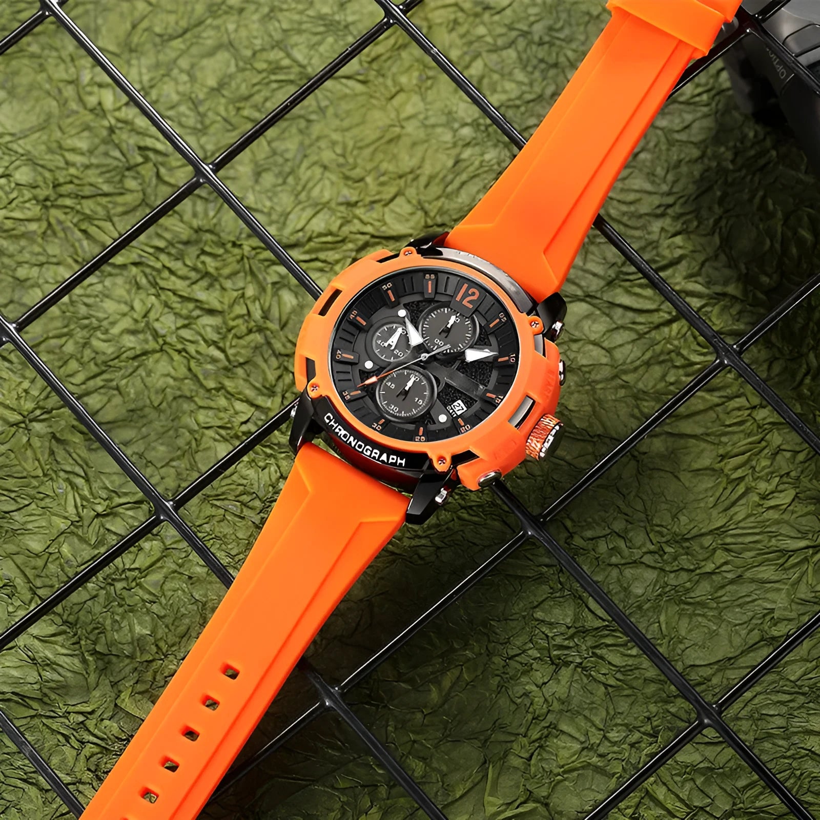Men's black wristwatch with luminous markers, calendar display, and a 51mm case.