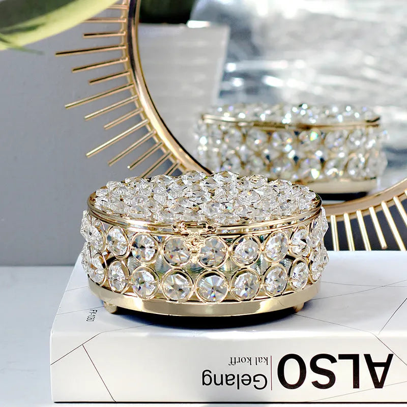 European-style jewellery box with crystal glass panels and French gold iron frame for visible storage