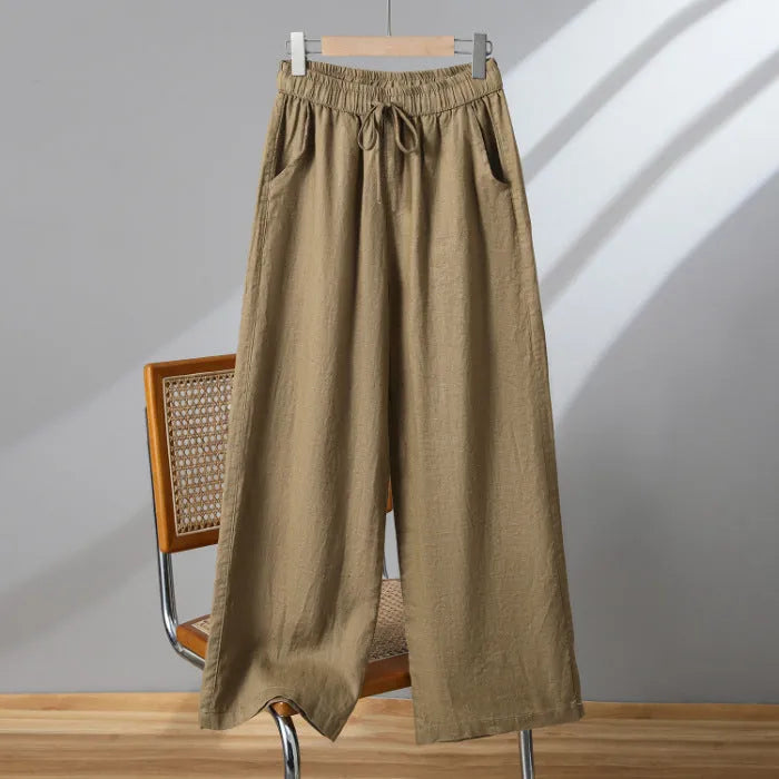 Women's straight-leg casual trousers with elastic waist and front drawstring tie in four colour options