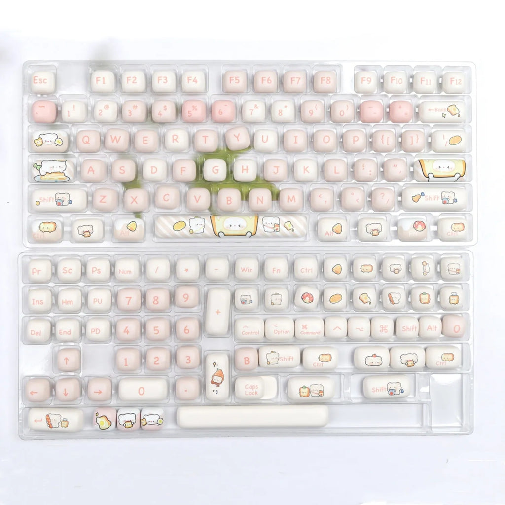MOG Steamed Bread PBT key cap full set showing bread bear character designs on mechanical keyboard keys