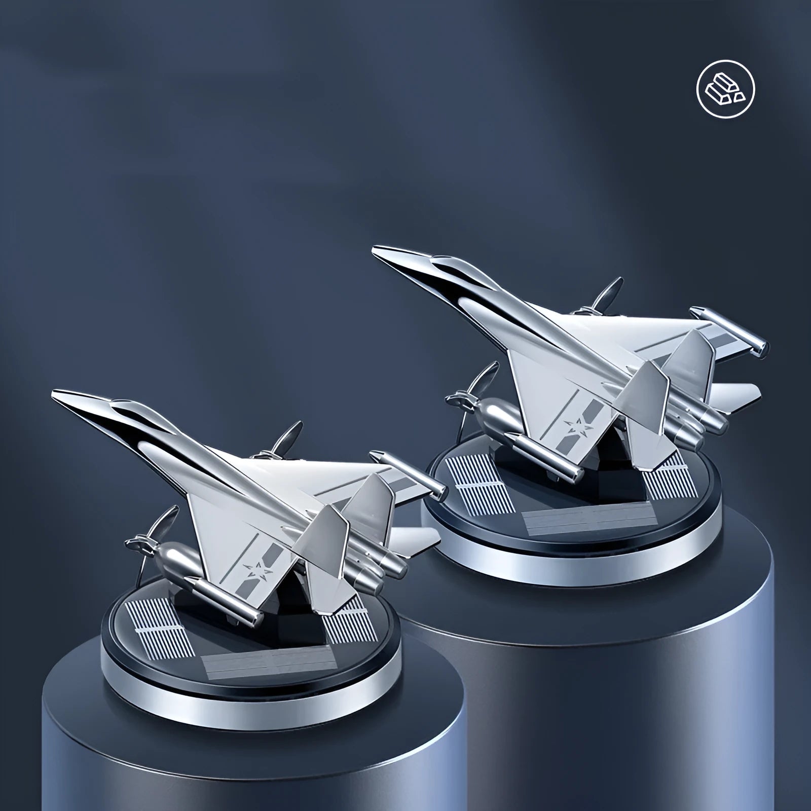 Silver solar powered rotating fighter jet perfume ornament on a beech wood base.