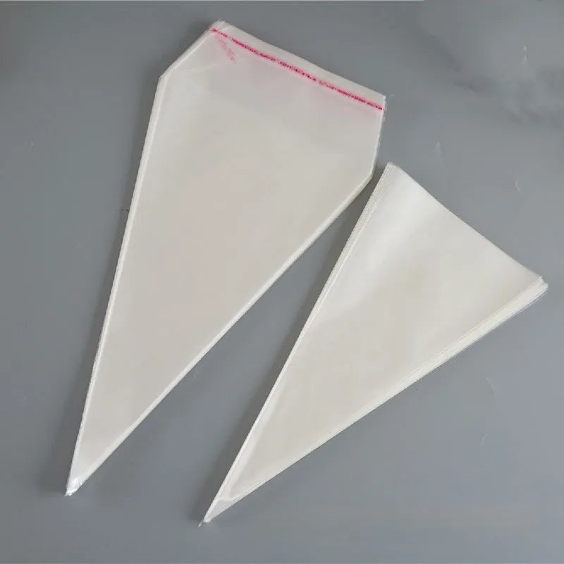 Clear triangle-shaped plastic packaging bag with a metallic twist tie at the top.