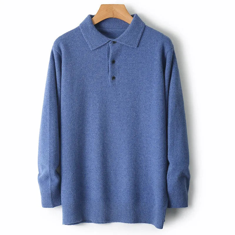 Men's grey wool pullover sweater with a polo collar and long sleeves showcasing collage stitching detail.