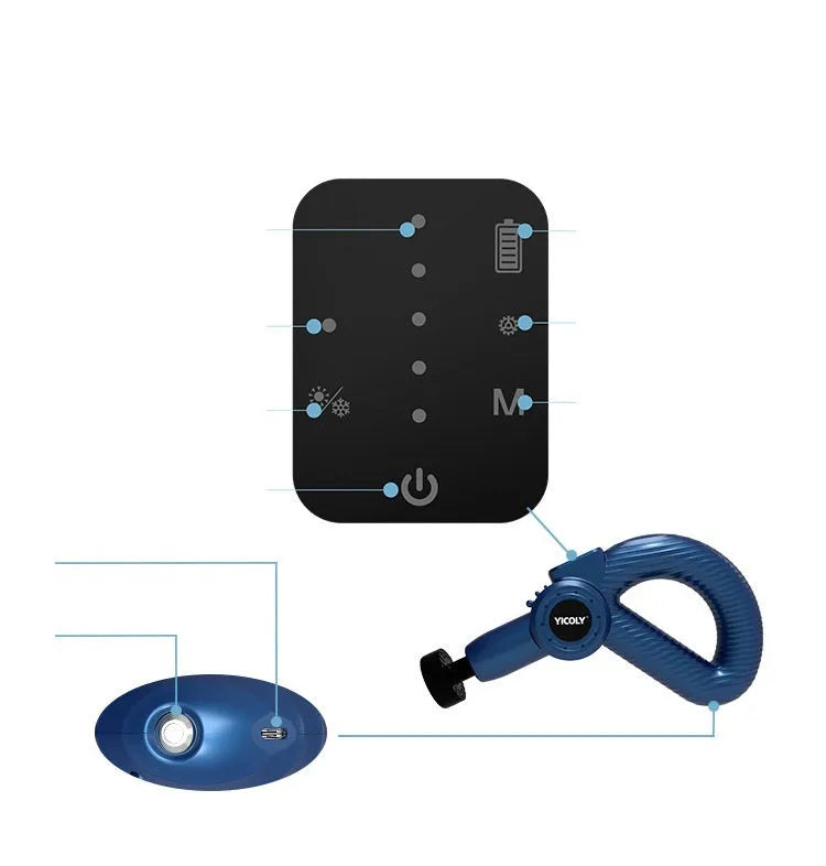 Black smart muscle massage gun with five different coloured massage heads on a table