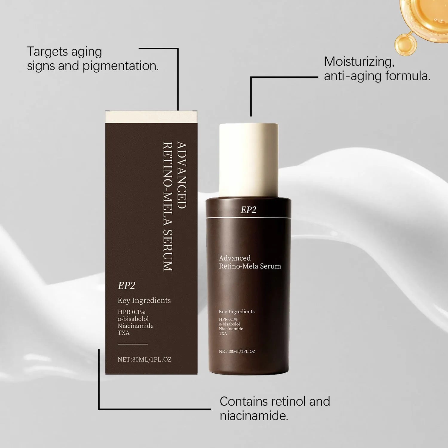 Anti-aging moisturizing liquid with retinol and nicotinamide in a 30ml bottle