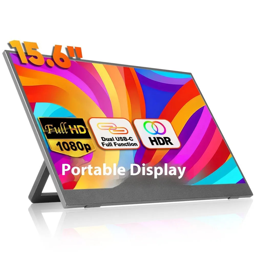 Black 15.6-inch portable external monitor with adjustable stand on a desk.