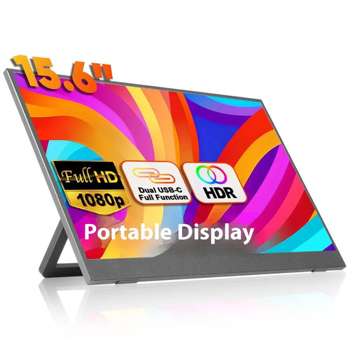Black 15.6-inch portable external monitor with adjustable stand on a desk.