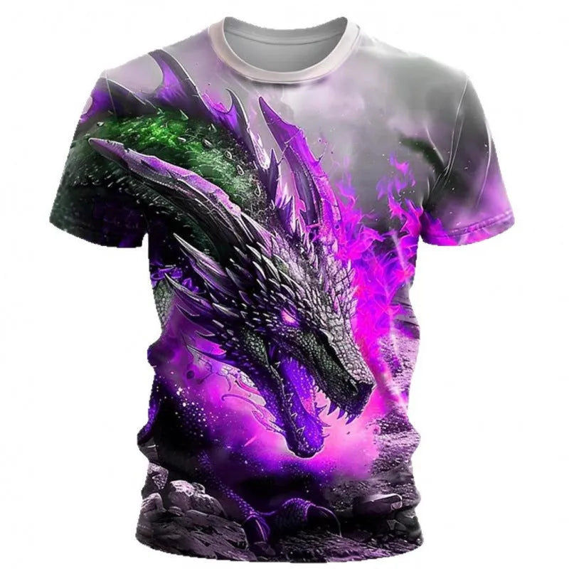 Men's grey T-shirt with a detailed 3D blue and white wind dragon print on the chest.