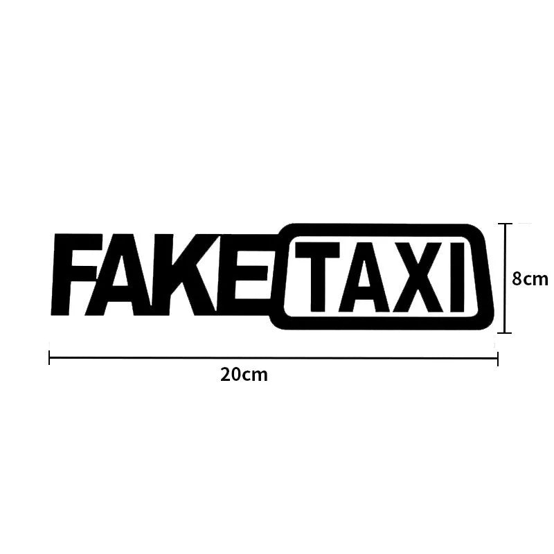 Waterproof FAKE TAXI car warning sticker in yellow, 20 cm by 8 cm, on a car window.