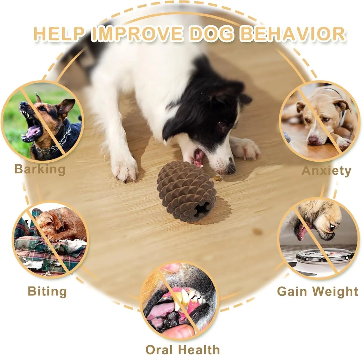 Yellow pine cone shaped dog chew toy with textures and a treat dispenser hole.