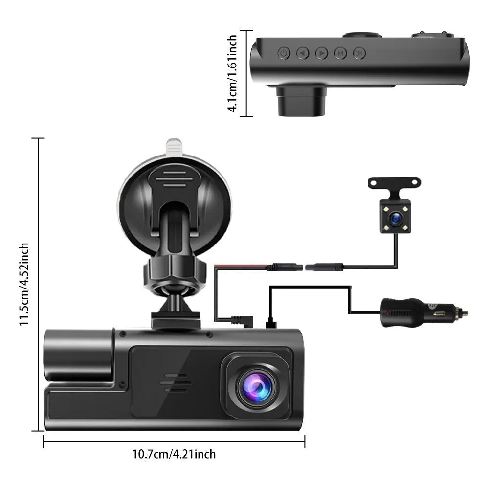 WiFi-enabled car dash cam with 2-inch screen for front and rear vehicle recording and parking aid display