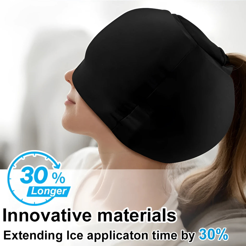 Simple solid colour cold compress cap in black, dark blue, or pink, made from polyester.