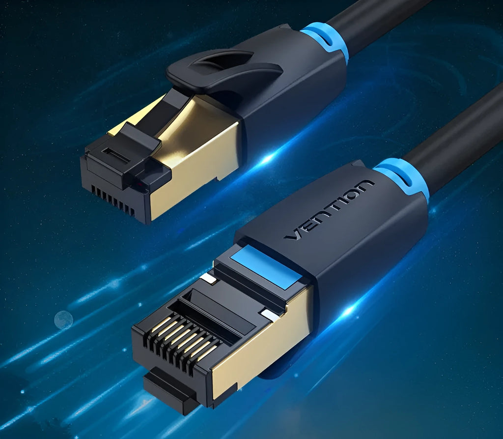 Shielded Cat8 Ethernet network cable with RJ45 connectors, showing flat and round style options.